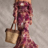 Rose | Off-Shoulder Floral Chiffon Maxi Dress with Smocked Waist