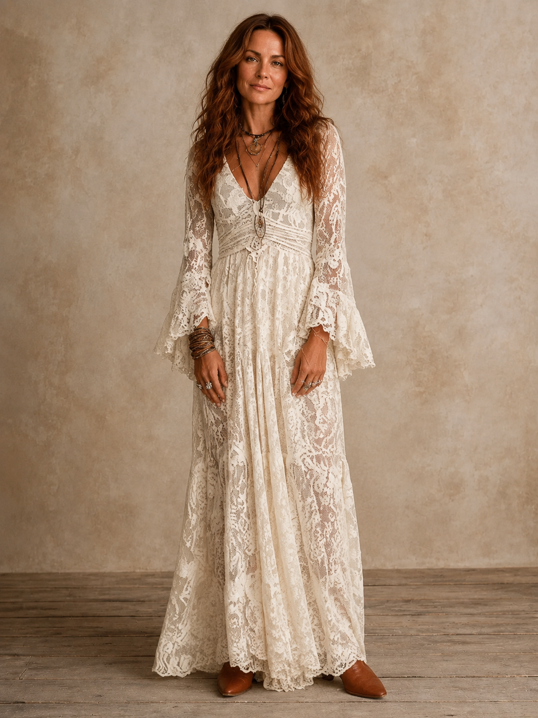Emily | Vintage Maxi Dress with Flared Sleeves and Deep V-Neckline