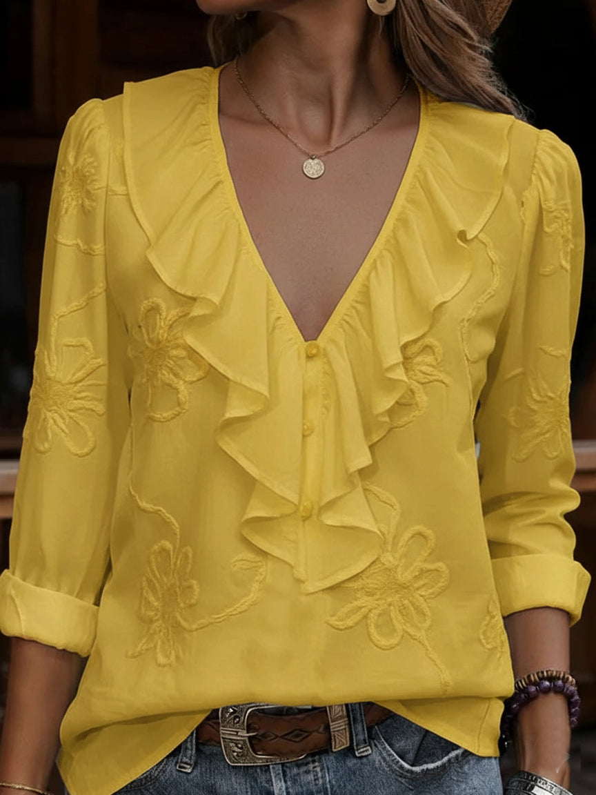 Celestine™ | Floral Embroidered Frill V-Neck Shirt
