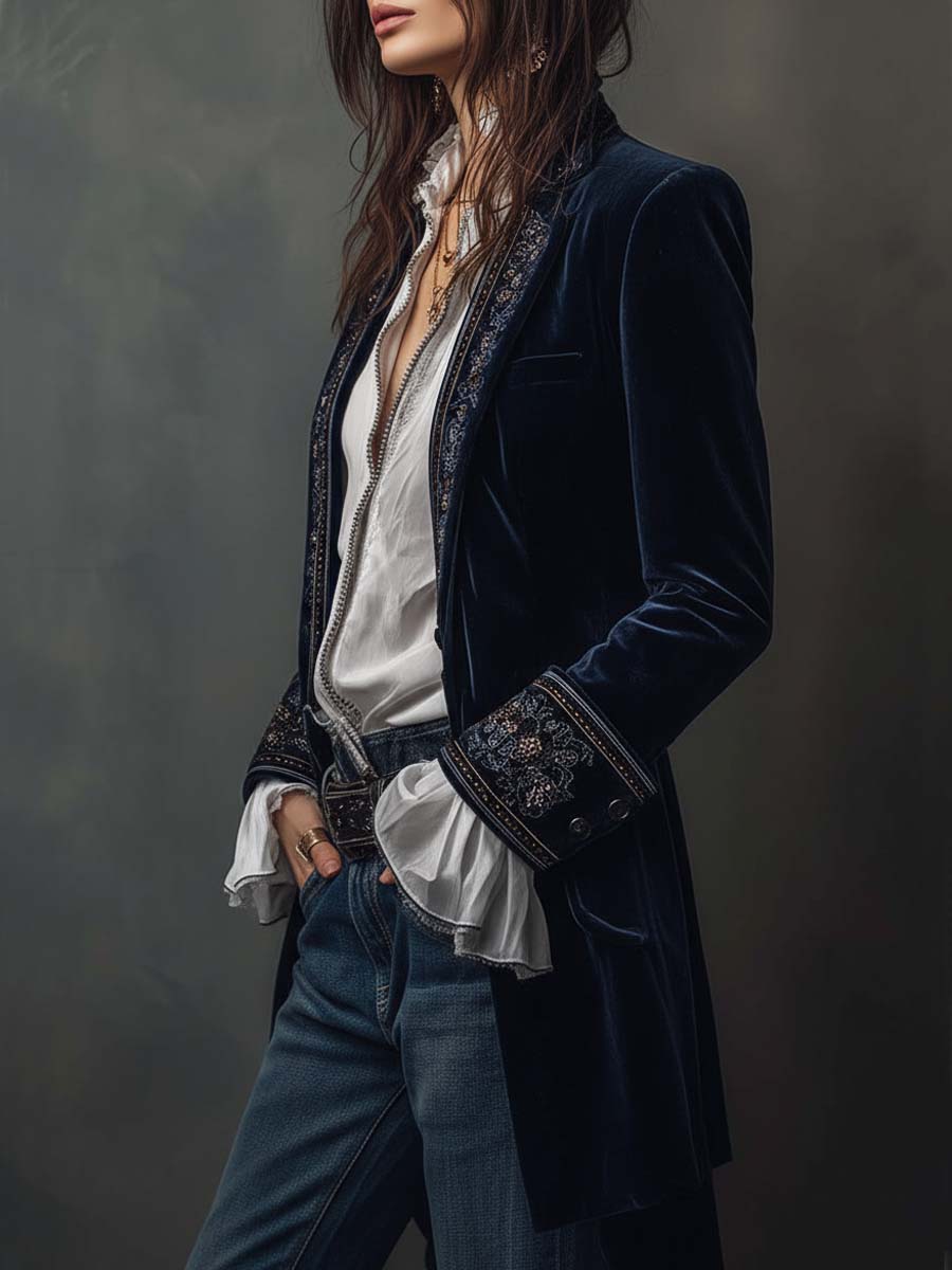 Vintage Navy | Embroidered Longline Jacket
