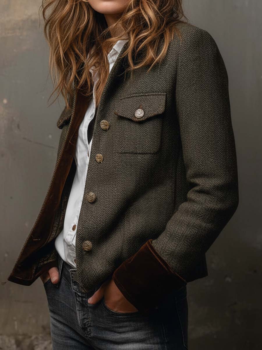 Vintage Herringbone | Women's Contrast Trim Blazer