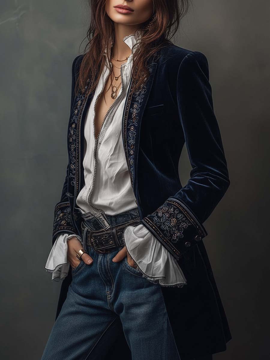 Vintage Navy | Embroidered Longline Jacket