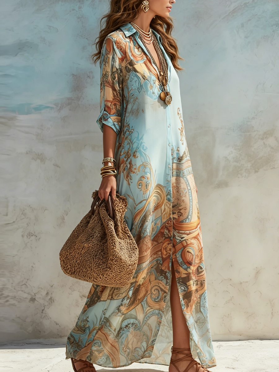 Marina | Blue Floral Chiffon Maxi Dress with Collared Neckline