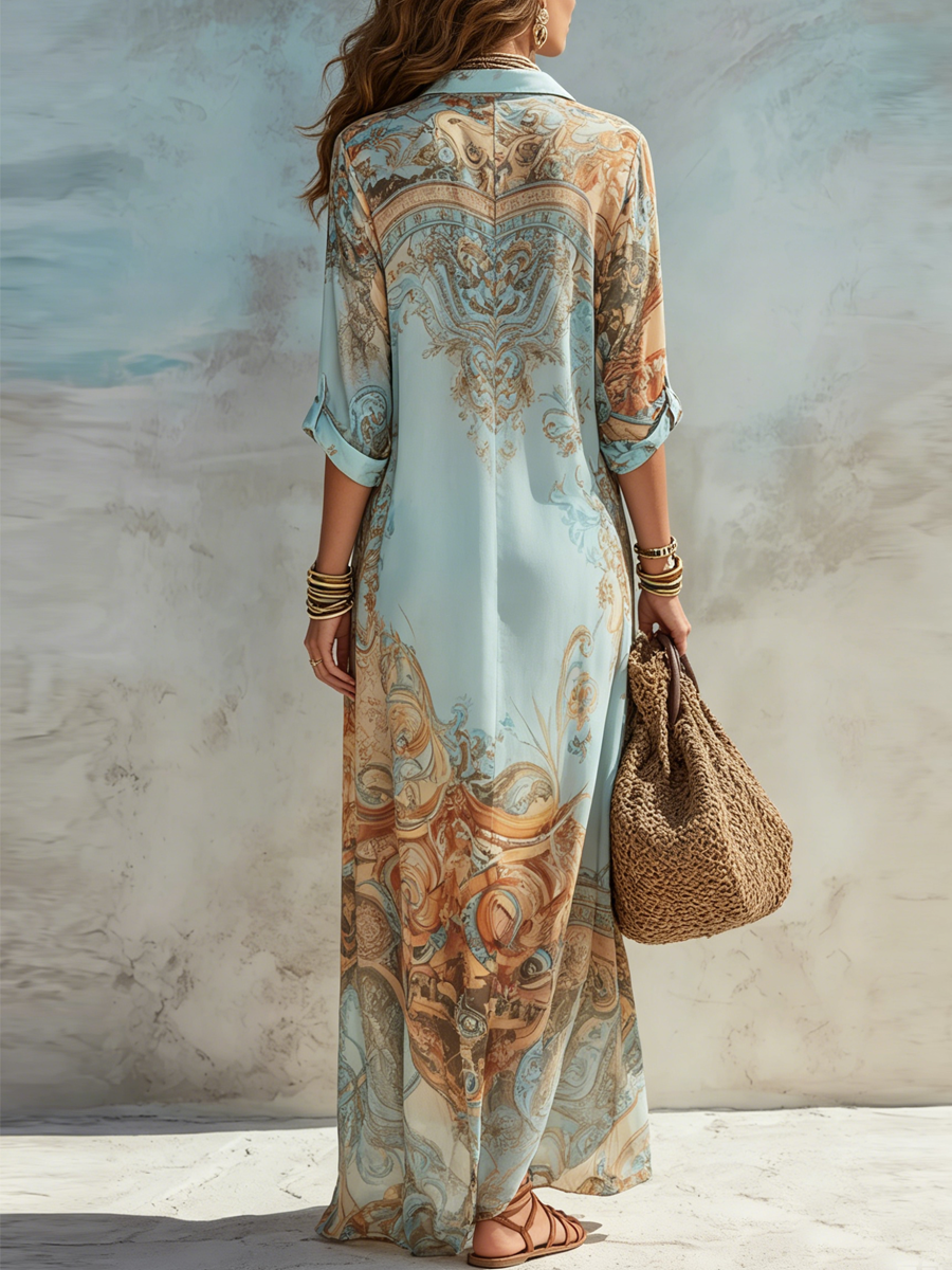 Marina | Blue Floral Chiffon Maxi Dress with Collared Neckline