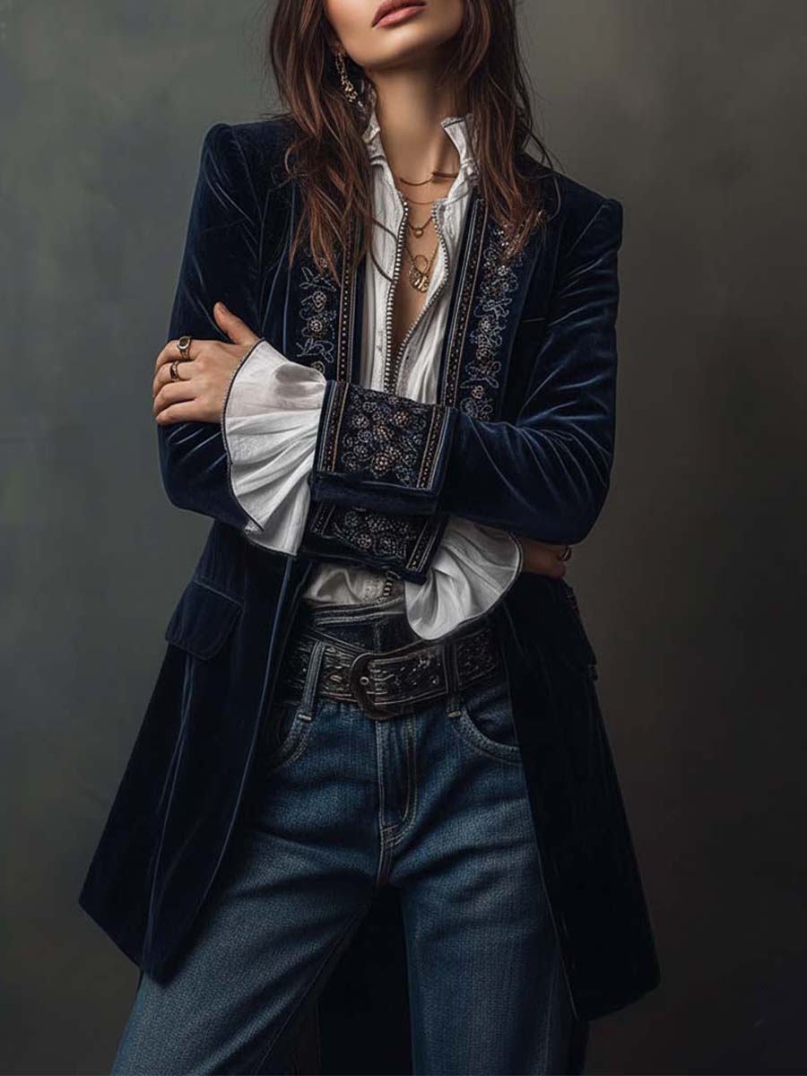 Vintage Navy | Embroidered Longline Jacket