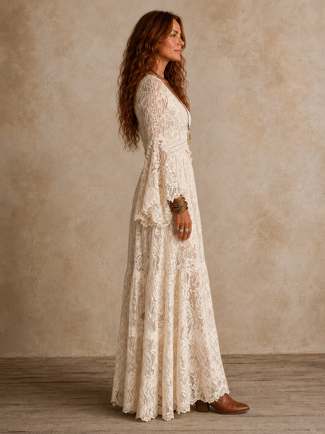 Emily | Vintage Maxi Dress with Flared Sleeves and Deep V-Neckline