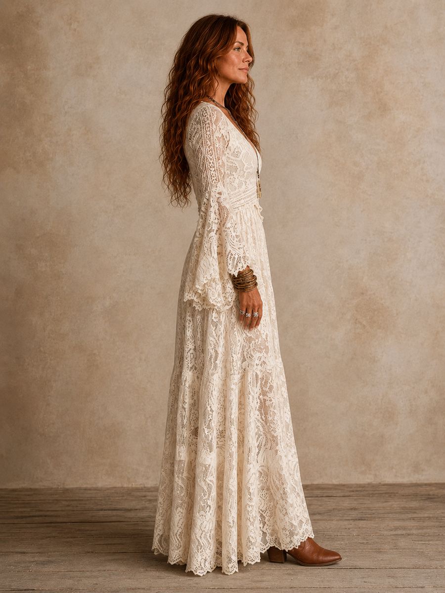 Emily | Vintage Maxi Dress with Flared Sleeves and Deep V-Neckline