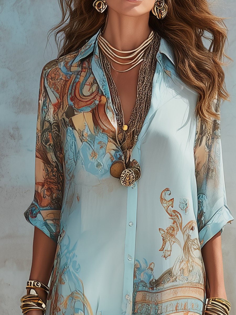 Marina | Blue Floral Chiffon Maxi Dress with Collared Neckline
