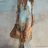 Marina | Blue Floral Chiffon Maxi Dress with Collared Neckline