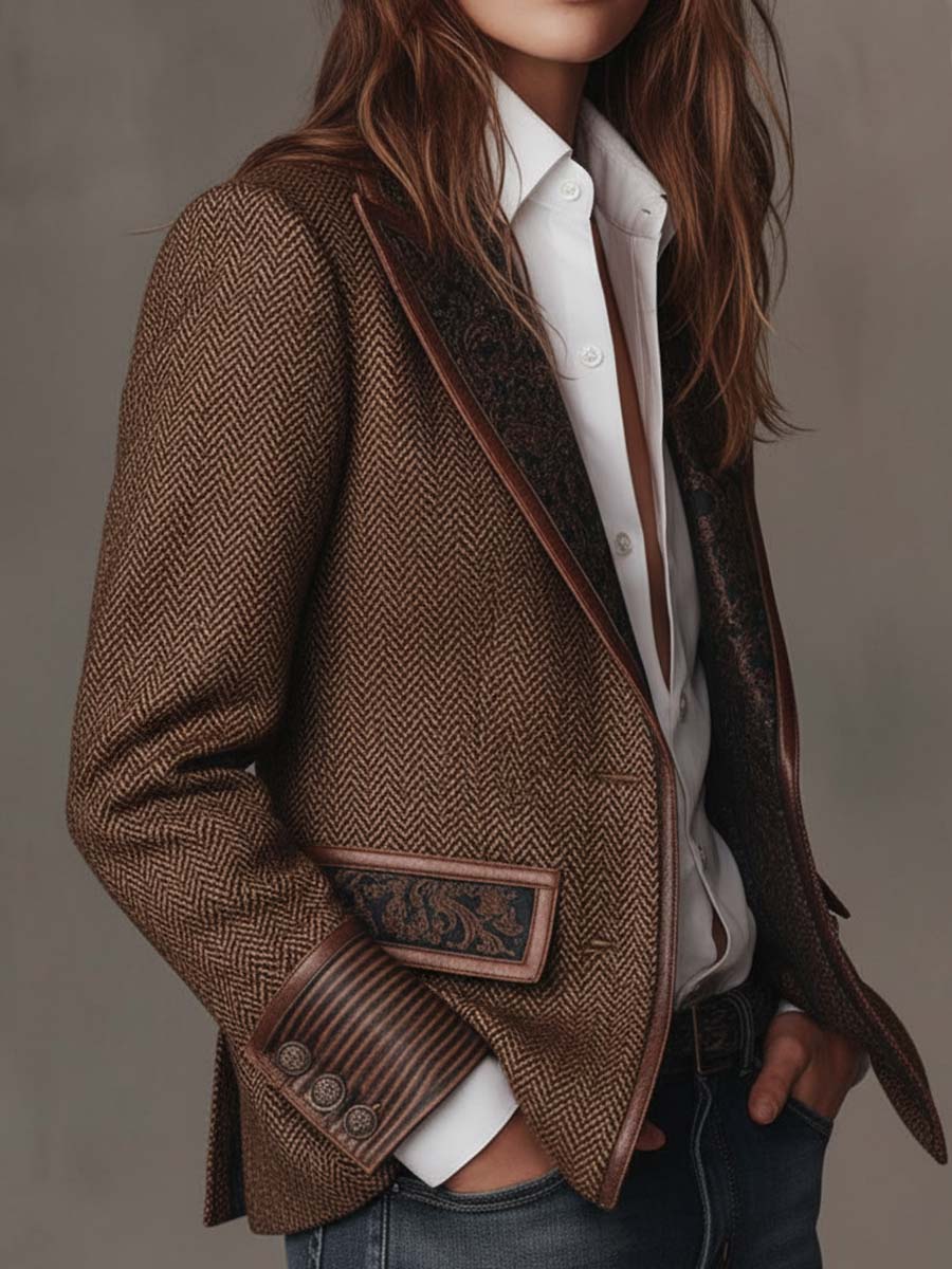 Sloane | Herringbone Print Panel Blazer for Women