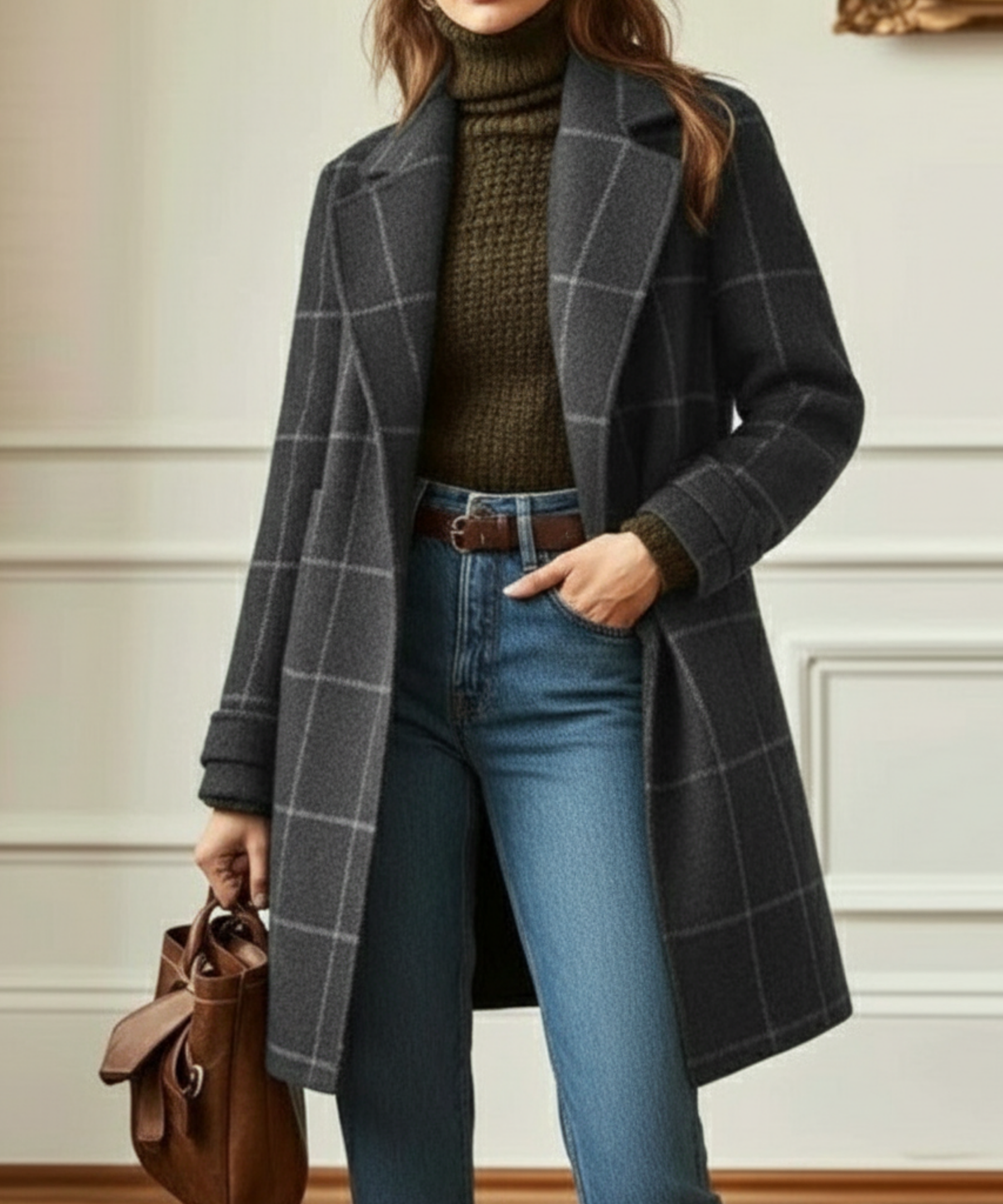 Jennifer | Women's Wool Check Coat with Lapel Collar