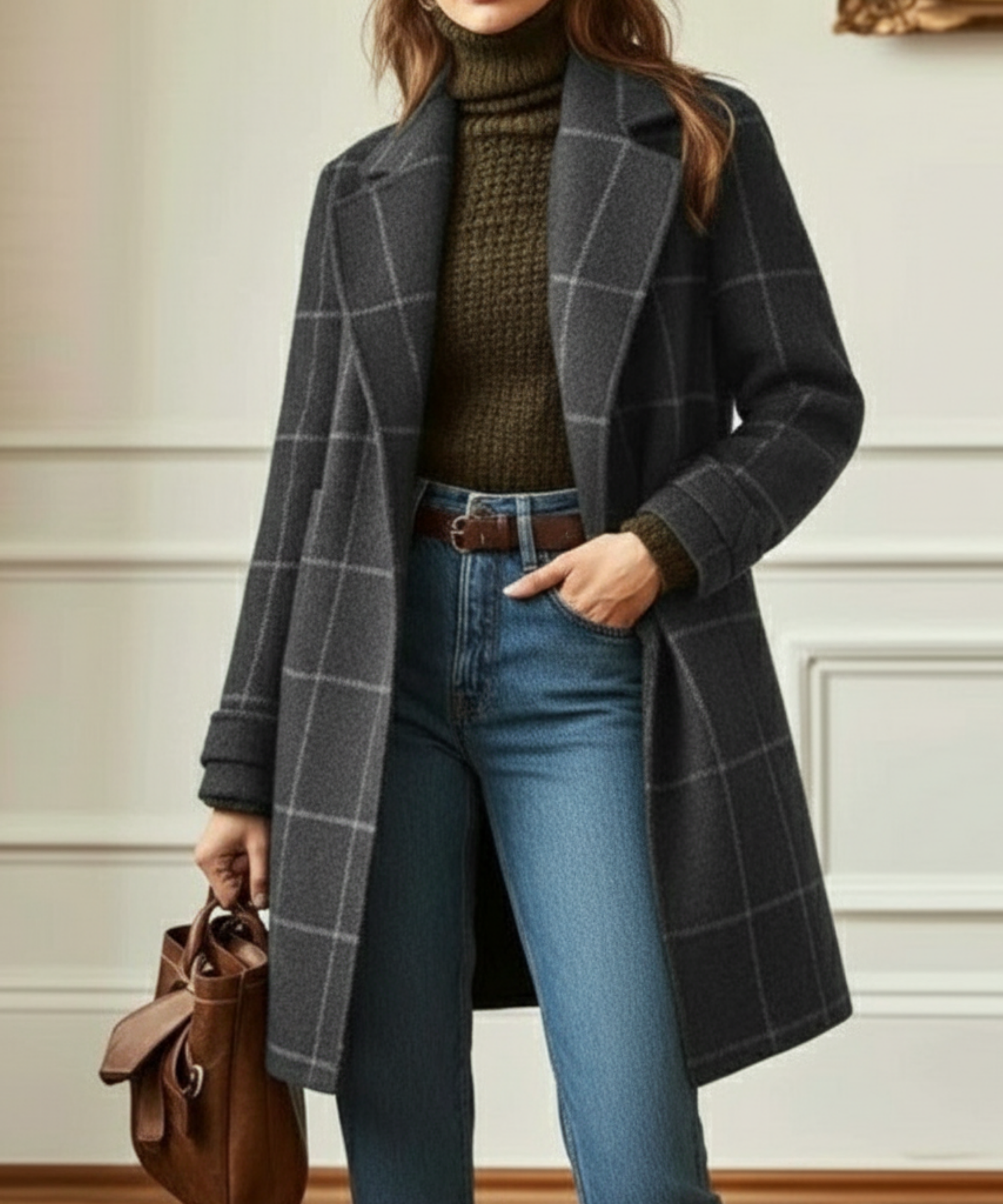 Jennifer | Women's Wool Check Coat with Lapel Collar