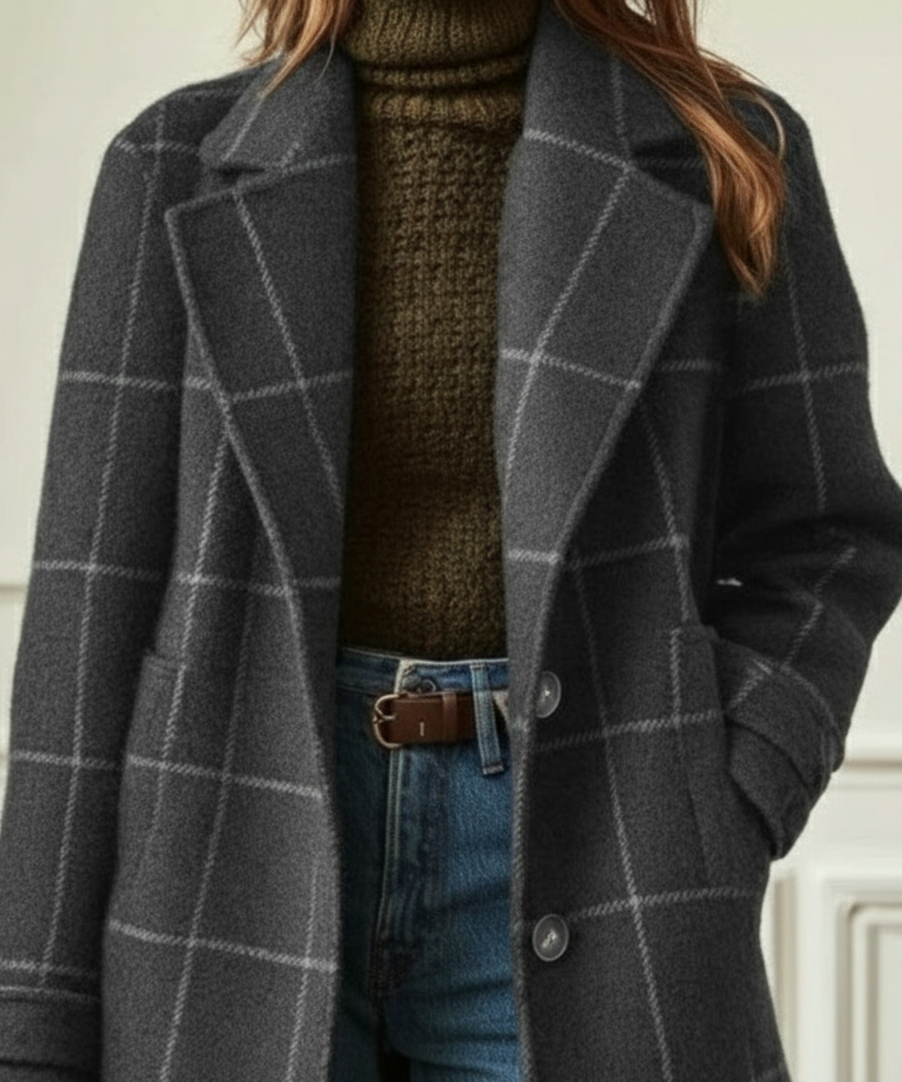 Jennifer | Women's Wool Check Coat with Lapel Collar