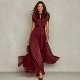 Zoey | Ruffle Neck Pleated Maxi Dress with Puff Sleeves