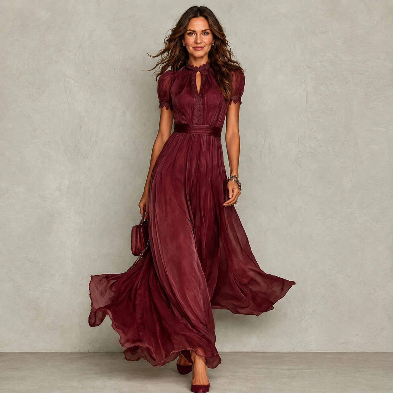Zoey | Ruffle Neck Pleated Maxi Dress with Puff Sleeves