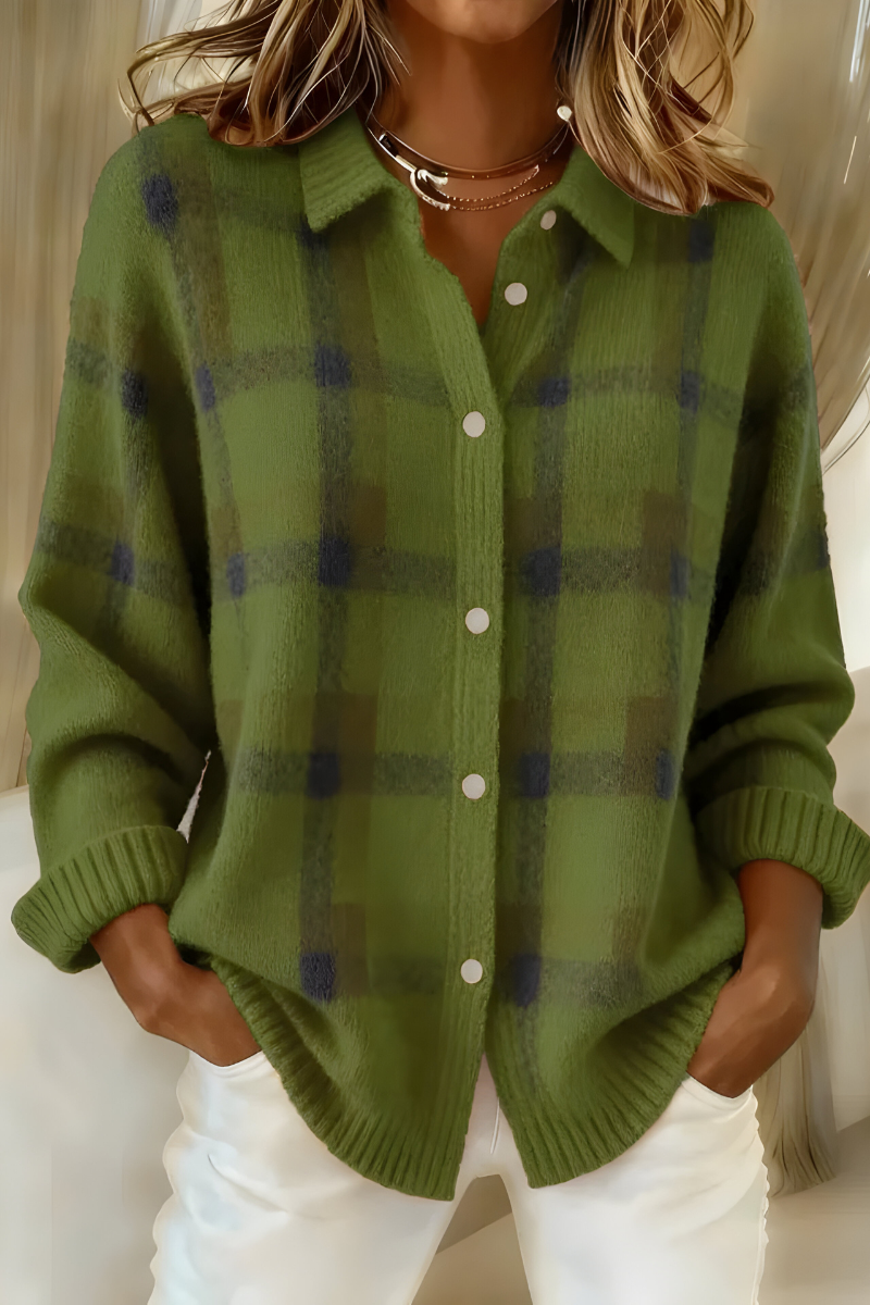 Corinne | Plaid Button-Front Cardigan with Ribbed Trim