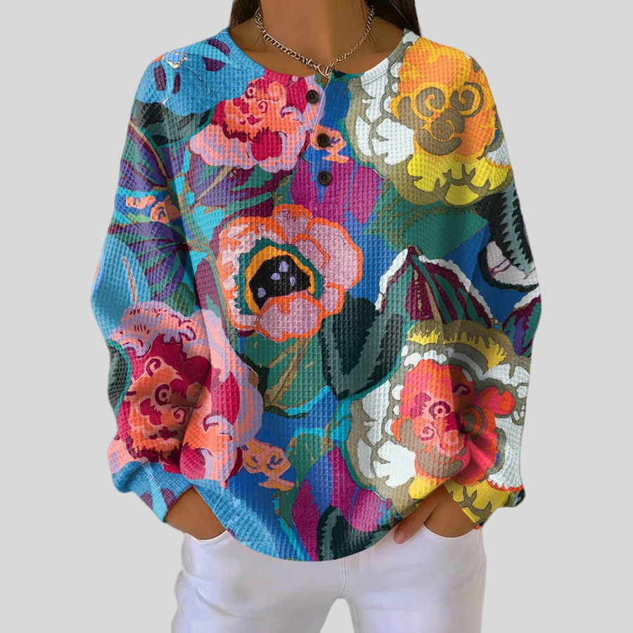 Adorna | Colorful Floral Waffle-Knit Sweatshirt