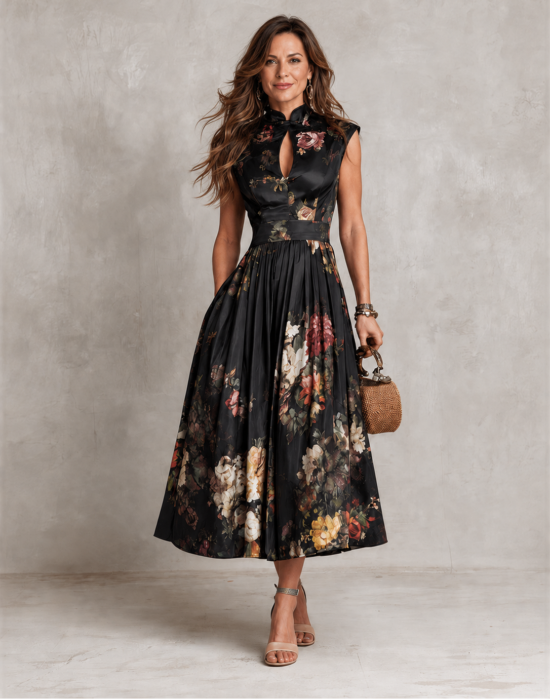 Mia | Keyhole Pleated Satin Midi Dress