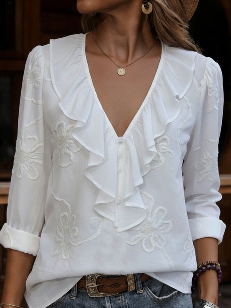 Celestine™ | Floral Embroidered Frill V-Neck Shirt