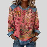 Orabelle | Floral Print Denim-Trim Sweatshirt
