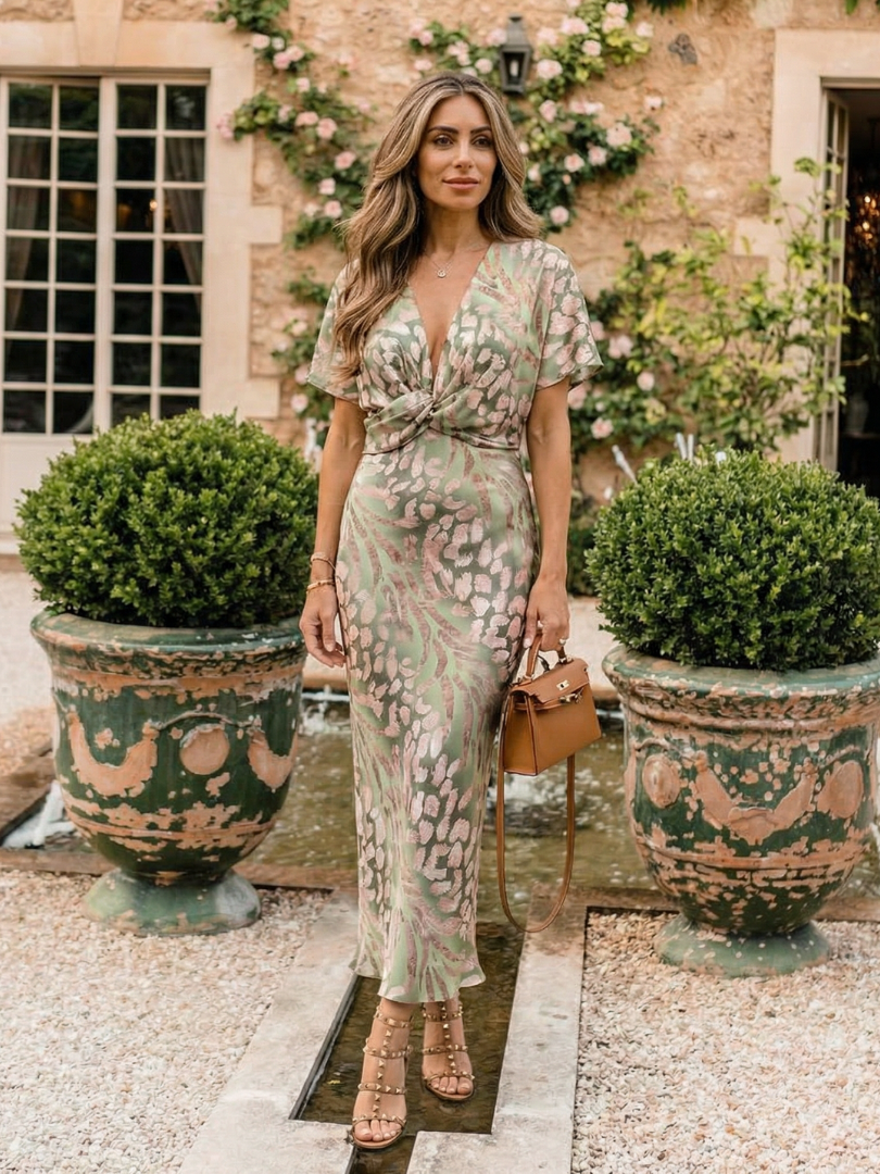 Cora | Abstract Print V Neck Twist Waist Midi Dress