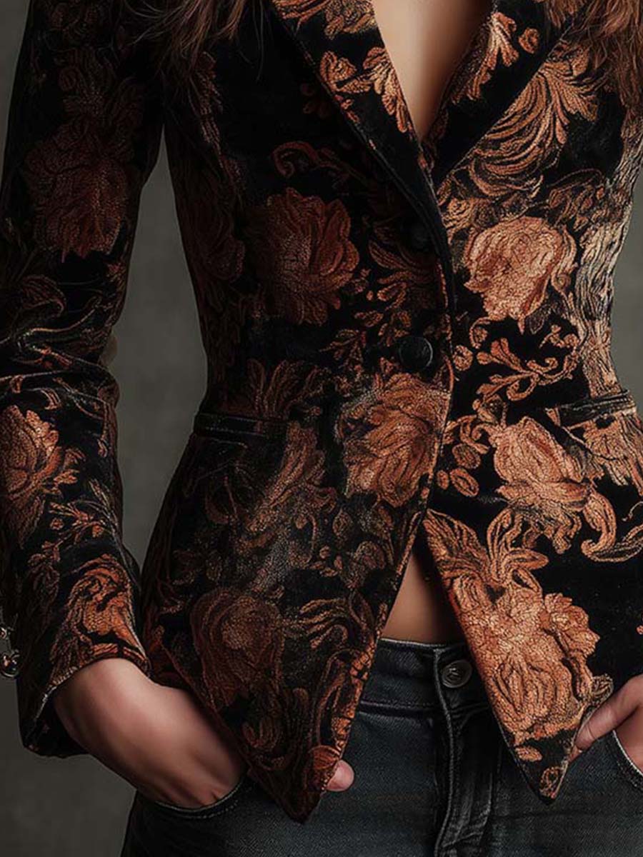 Bronze Bloom | Women's Black and Bronze Floral Tailored Blazer