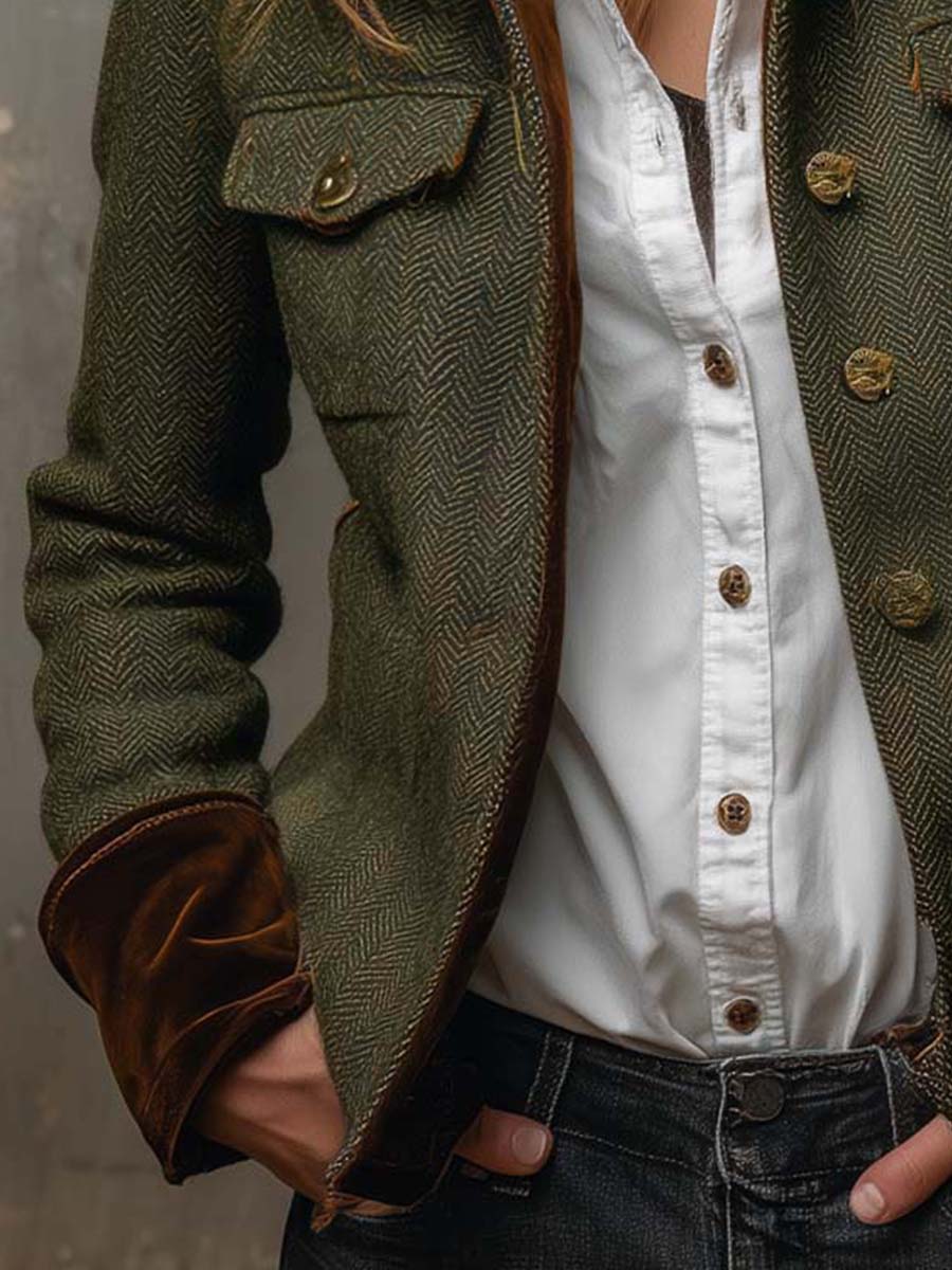 Vintage Herringbone | Women's Contrast Trim Blazer