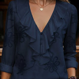 Celestine™ | Floral Embroidered Frill V-Neck Shirt