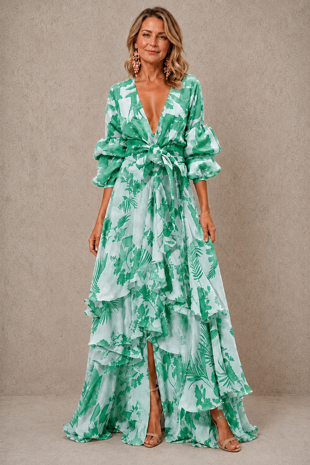 Victoria | Tiered Bow Belt Maxi Dress with Puff Sleeves