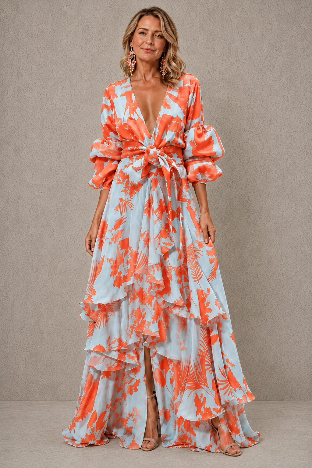 Victoria | Tiered Bow Belt Maxi Dress with Puff Sleeves