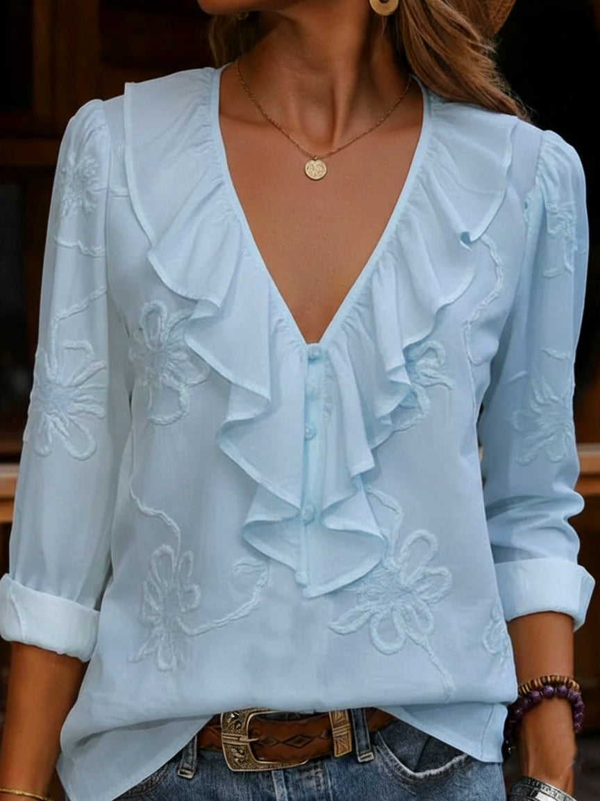 Celestine™ | Floral Embroidered Frill V-Neck Shirt
