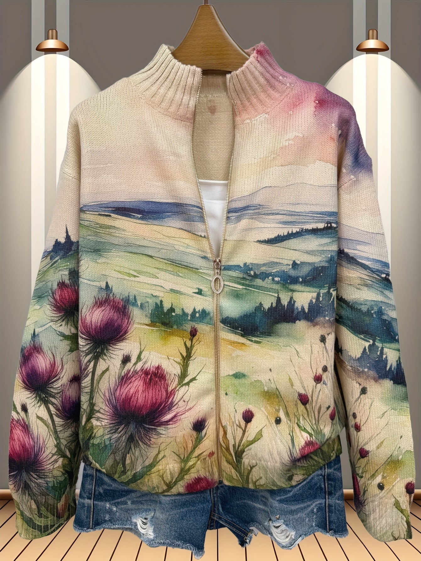 Zelda | Scottish Thistle Landscape Zip Cardigan