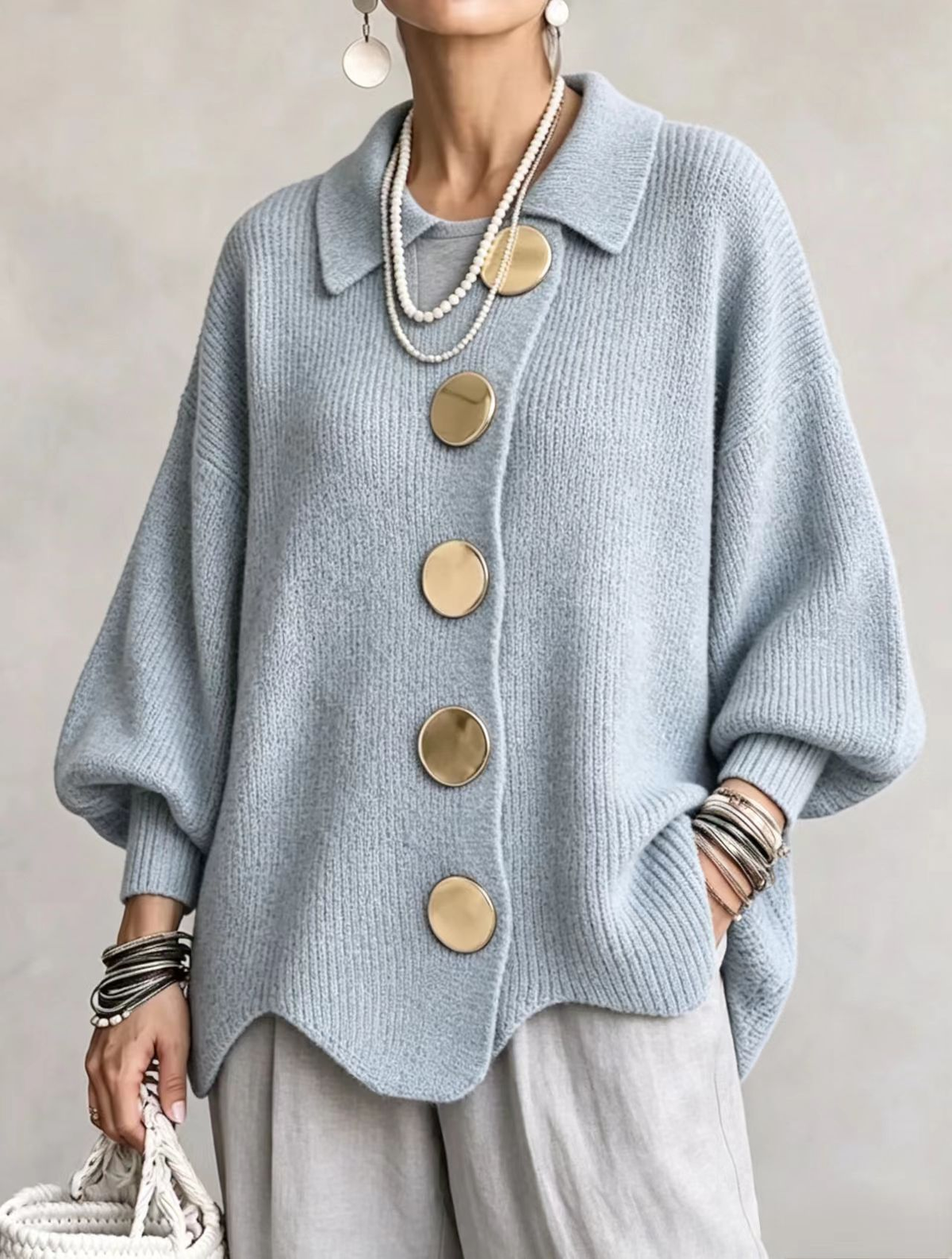 Isadora | Oversized Collared Cardigan with Large Metal Buttons