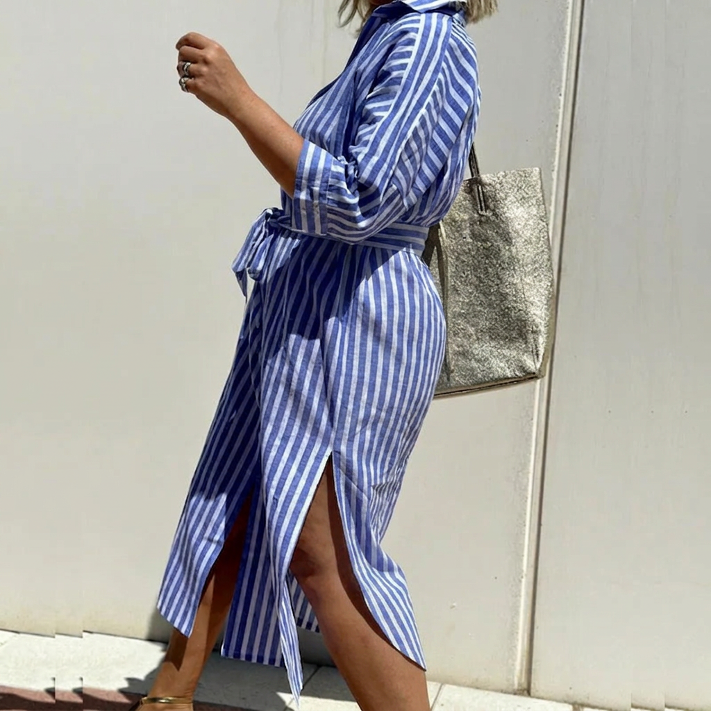 Harlow | Women's Linen Button-Down Stripe Shirt Dress