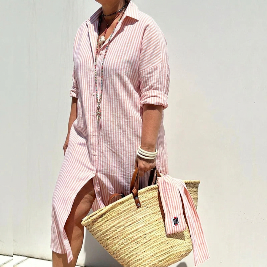 Harlow | Women's Linen Button-Down Stripe Shirt Dress