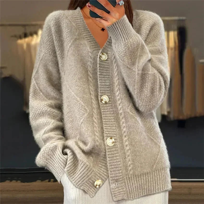 Aaliyah | Button Front V-Neck Cardigan with Diamond Knit Detail