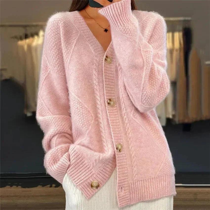 Aaliyah | Button Front V-Neck Cardigan with Diamond Knit Detail