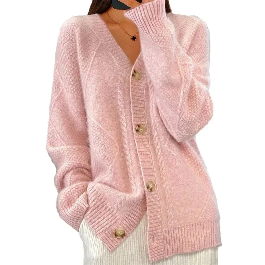 Aaliyah | Button Front V-Neck Cardigan with Diamond Knit Detail