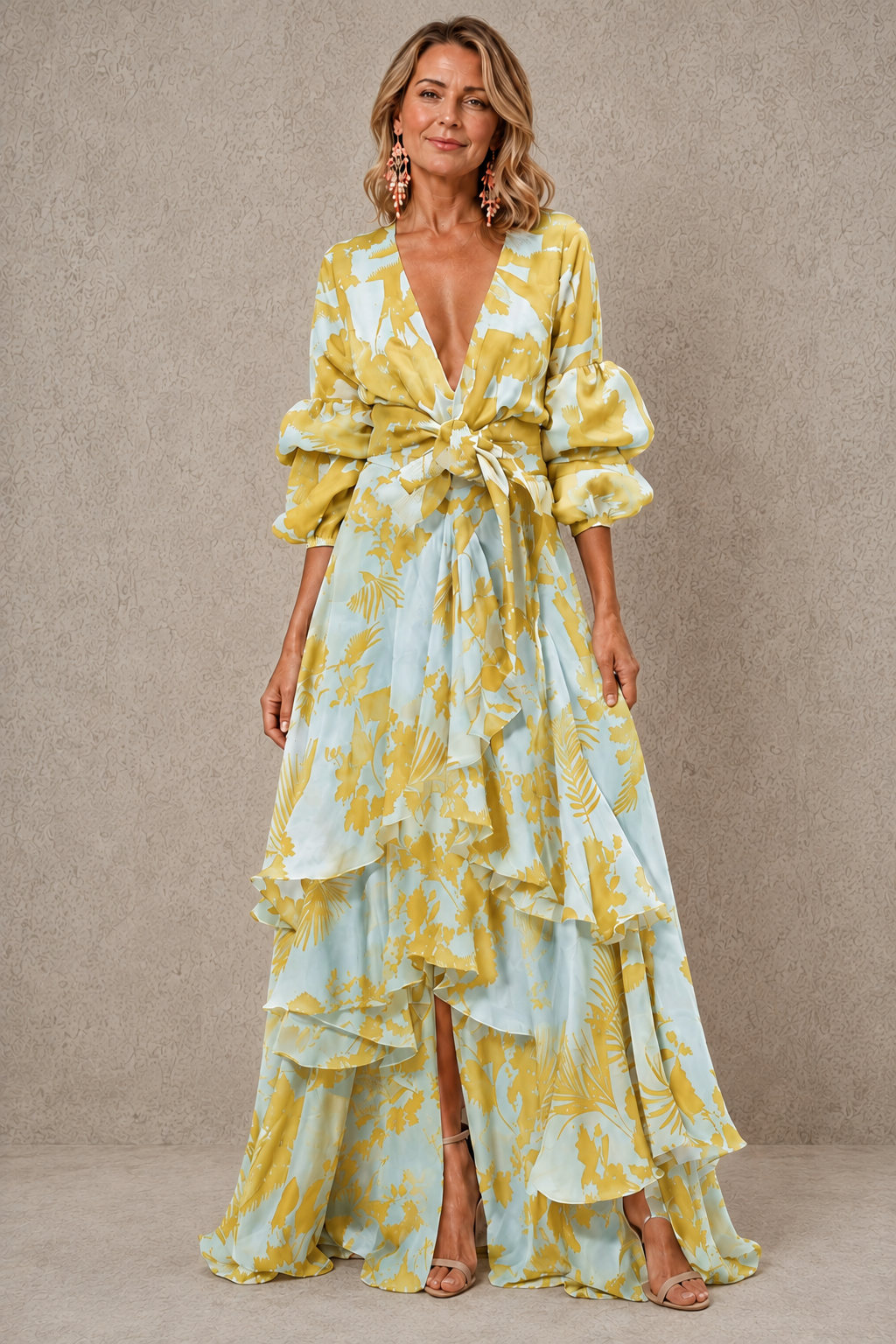 Victoria | Tiered Bow Belt Maxi Dress with Puff Sleeves