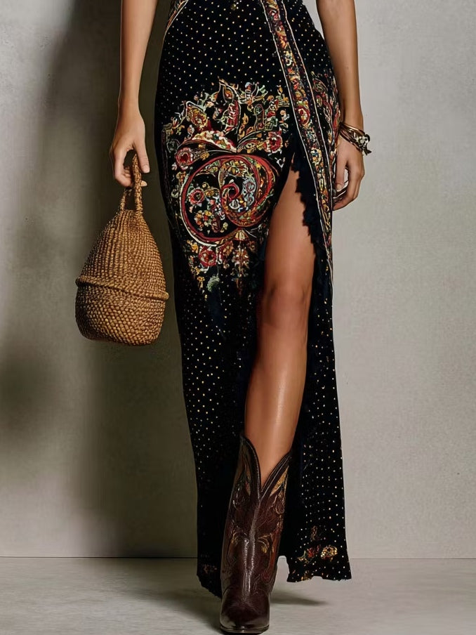 Bohemian Print Maxi Dress | Deep V-Neck Dress with High Slit