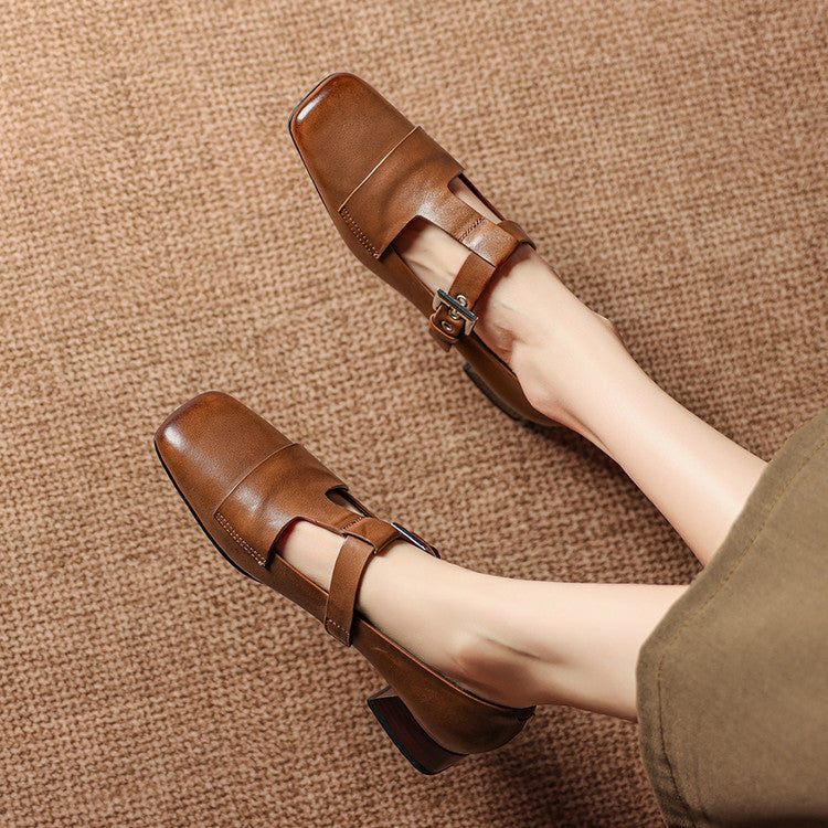 Veyra | Genuine Leather T-Strap Heels