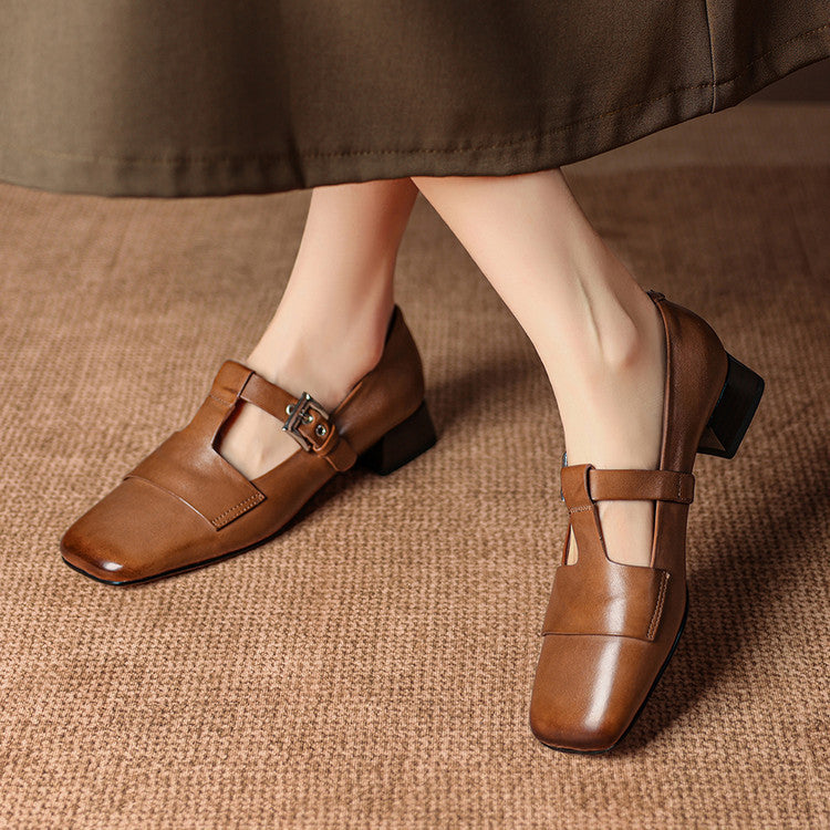 Veyra | Genuine Leather T-Strap Heels