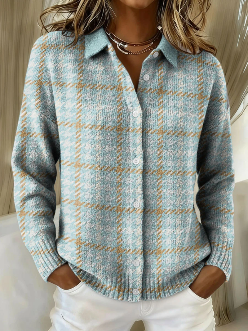 Clara | Sky Plaid Button-Front Knit Cardigan