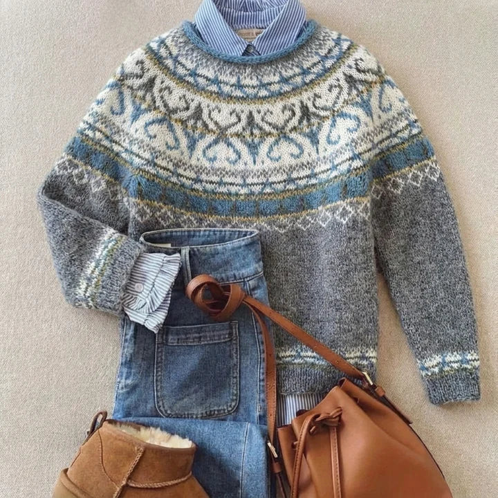 Chic Vintage Knit Sweater | Women's Nordic Pattern Sweater