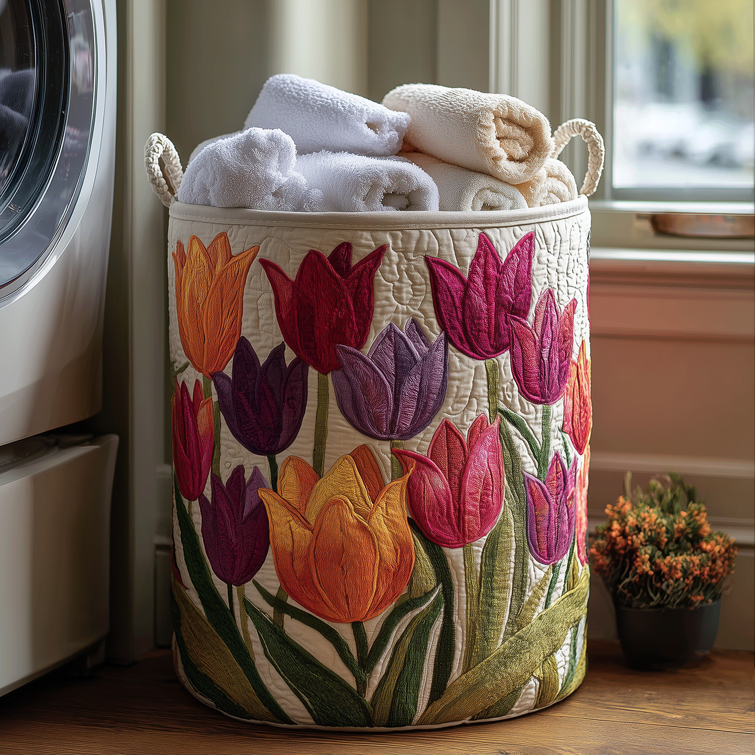 Tulip Joy | Quilted Cotton-Poly Laundry Basket with Handles