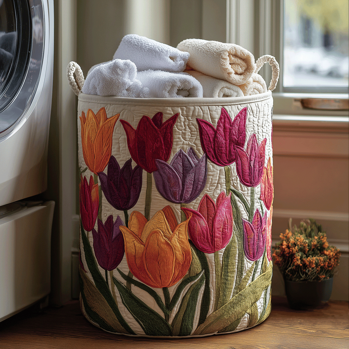 Tulip Joy | Quilted Cotton-Poly Laundry Basket with Handles