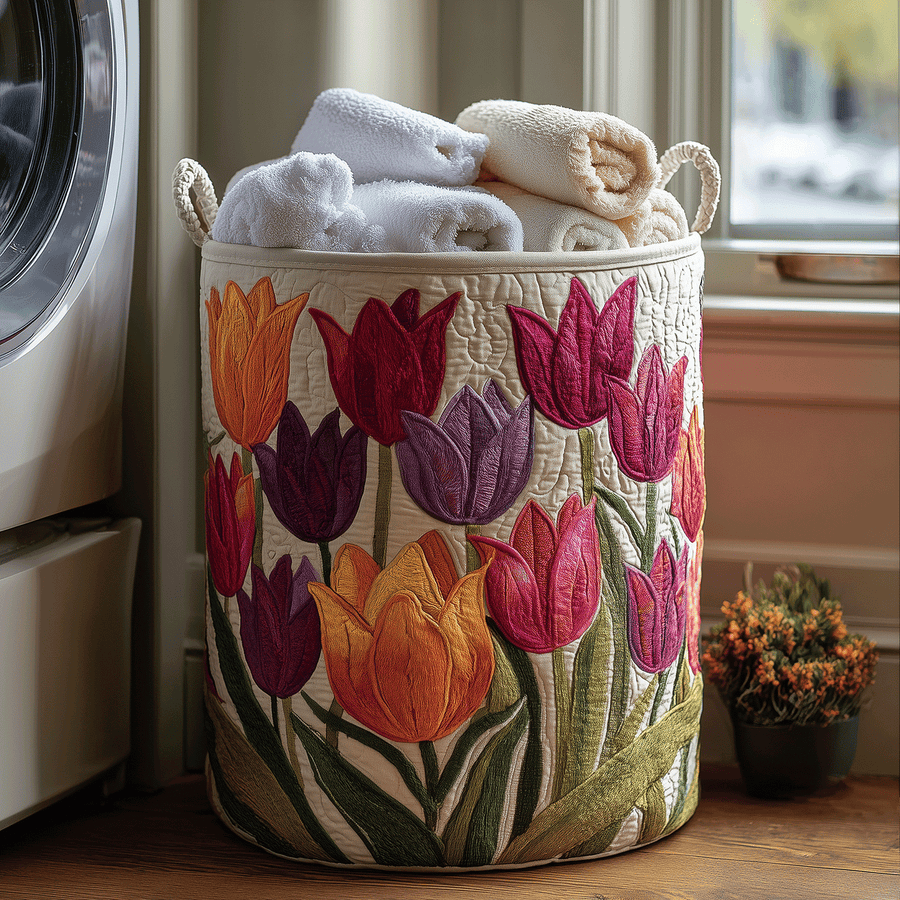 Tulip Joy | Quilted Cotton-Poly Laundry Basket with Handles