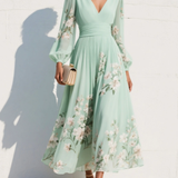 Mathilda - Light Green V-Neck Chiffon Pleated Floral Midi Dress