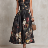 Floral Satin Midi Dress | Women's Keyhole Collar Pleated Dress