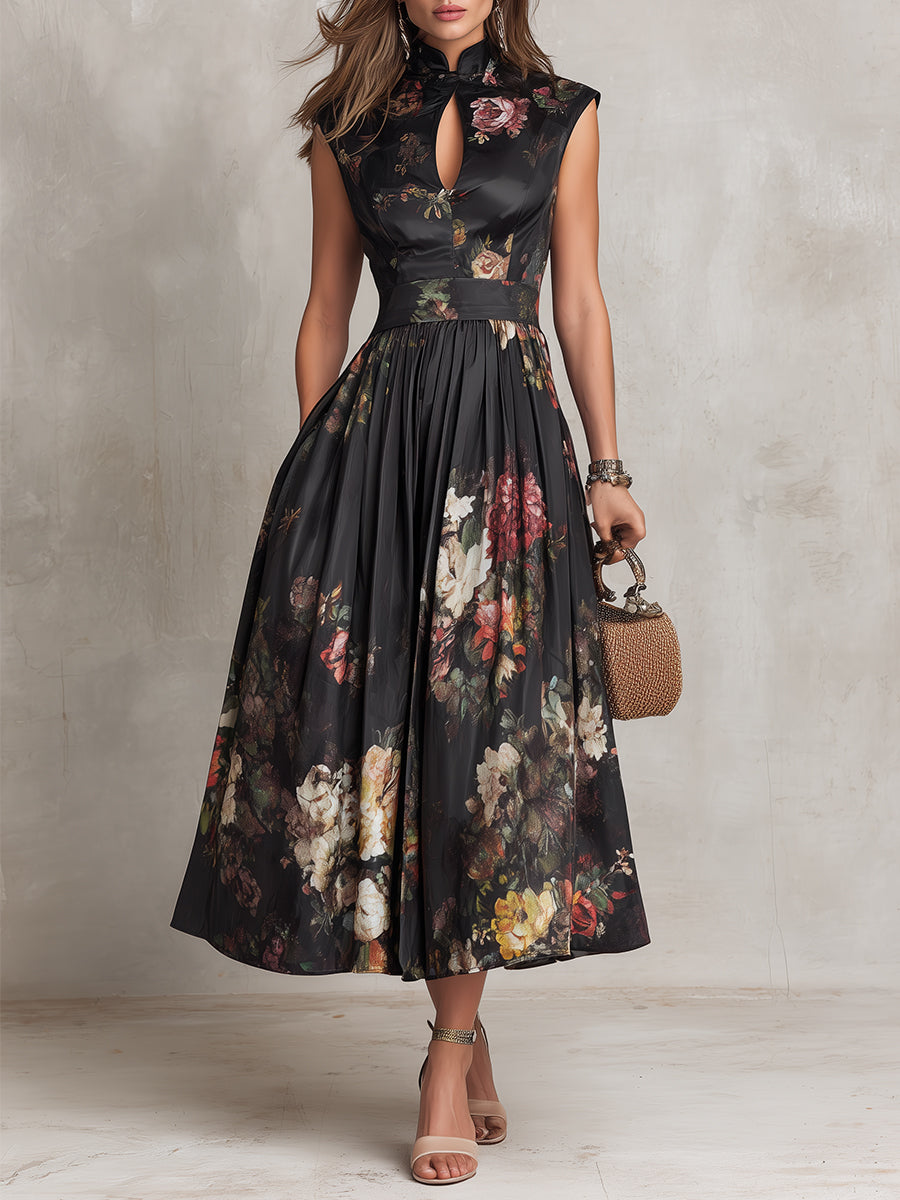 Floral Satin Midi Dress | Women's Keyhole Collar Pleated Dress